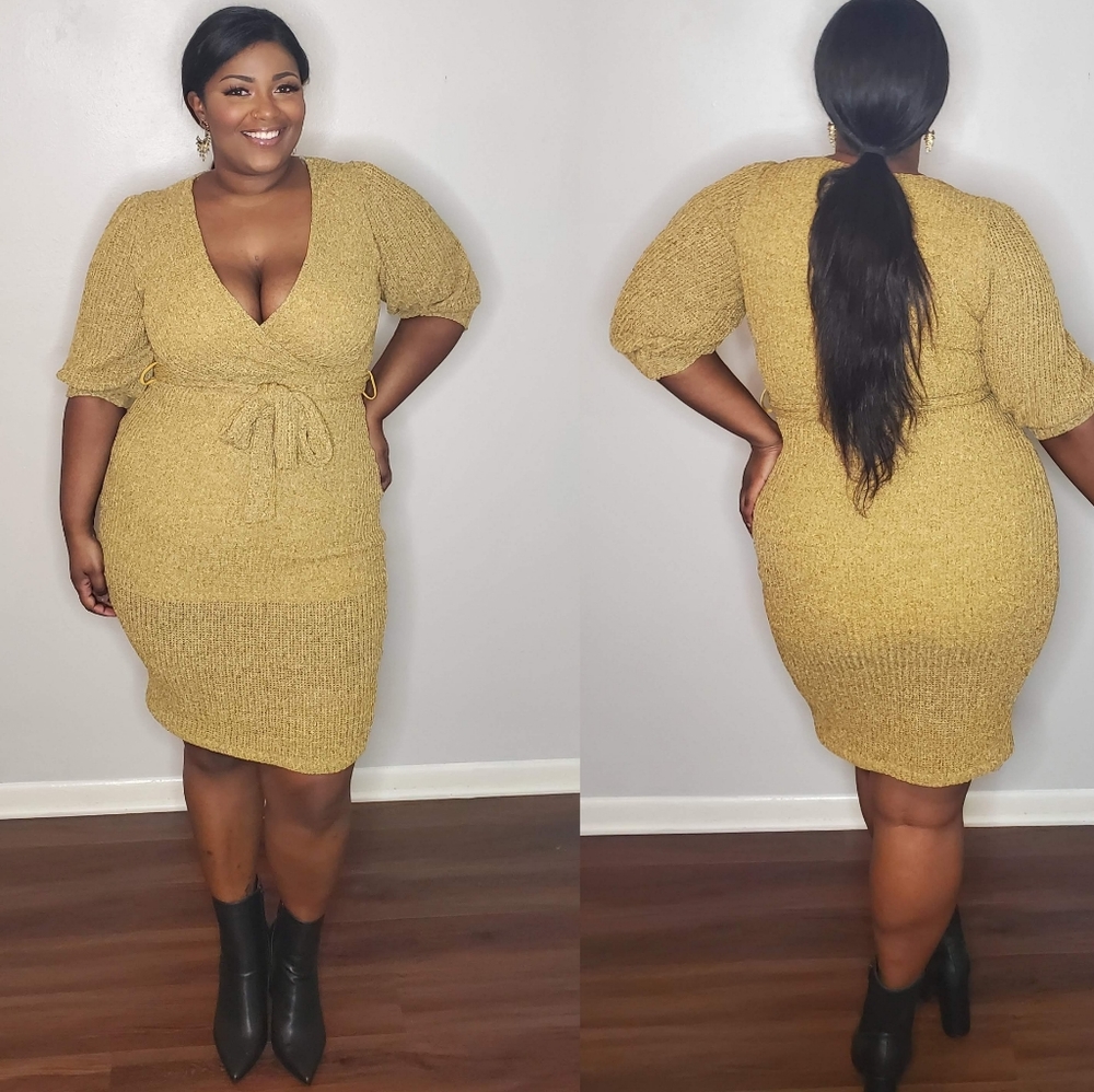 Marled Mustard Fitted Sweater Dress